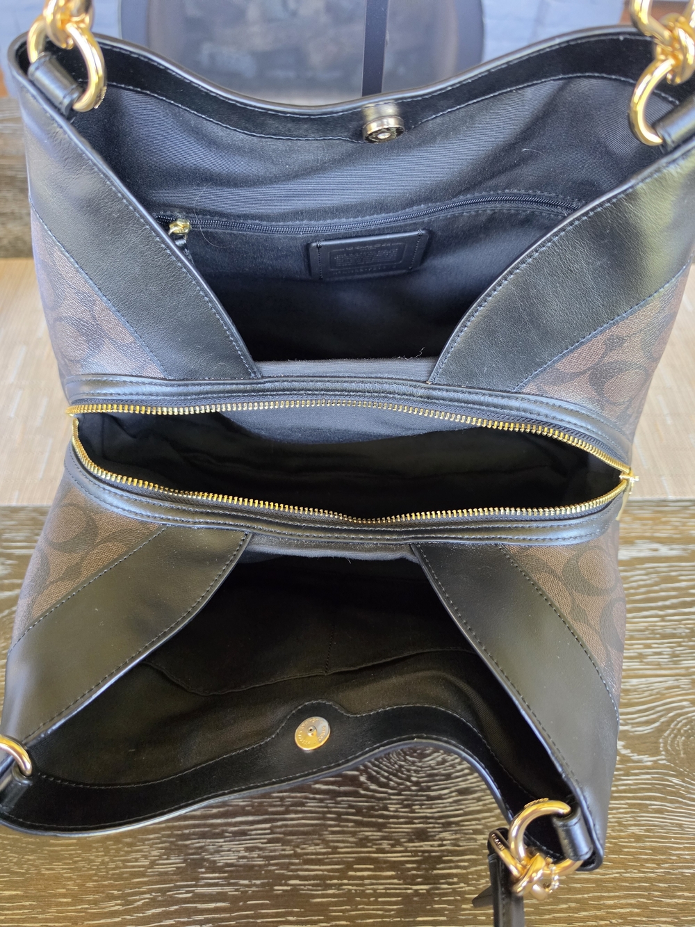Coach Brown Signature Canvas Shoulder Bag with Black Trim and Matching Wallet - Picture 8 of 9